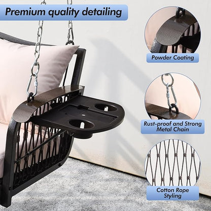 Wicker Porch Swing Heavy Duty 900 LBS 3-Seat Outdoor Patio Swing Chair with Cushions & 8.9ft Chains Outdoor Hanging Bench with Upgraded Cup Holders for Garden Deck Backyard