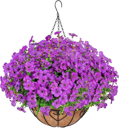 Artificial Hanging Flower for Outdoors, Fake Hanging Basket for Outside,1 Hanging Basket with 13 Pcs Faux Silk Flowers for Porch, Balcony and Patio Decor(Purple)