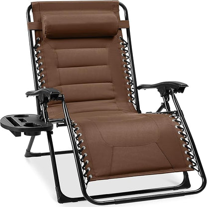 Best Choice Products Oversized Padded Zero Gravity Chair, Folding Outdoor Patio Recliner, XL Anti Gravity Lounger for Backyard w/Headrest, Cup Holder, Side Tray, Polyester Mesh - Dark Brown