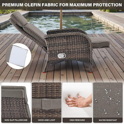 Belord Versatile Outdoor Recliner Chair Set of 3 - Reclining Patio Chair with Adjustable Backrest and Footrest, All-Weather Wicker Chaise Lounge Chair Outdoor with Side Table for Pool Deck