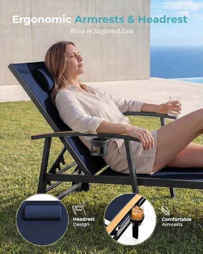 Ciokea Outdoor Lounge Chair with Pillow Set of 4, 5-Position Chaise Lounge with Wheels & Armrests, 400 lbs Heavy Duty Aluminum Pool Lounge Chairs, for Beach, Deck, Poolside & Backyard, Navy Blue