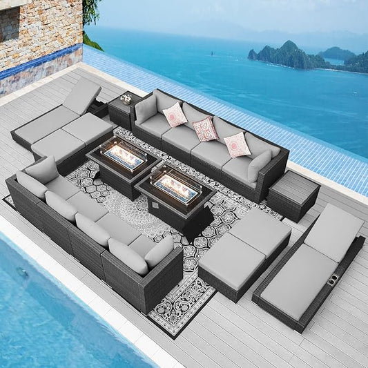 NICESOUL 18 Piece Patio Furniture Set with Fire Pit, Luxury Large Size Outdoor Patio Set with Fire Pit and Lounger, Extra Large 14-Seater Wide Deep High Back Outdoor Seating Sectional, Grey