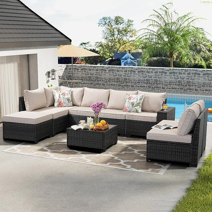 9 Pieces Patio Furniture Set All-Weather Outdoor Wicker Sectional Conversation Sofa Rattan Patio Seating Sofa with Cushion and Glass Table and Ottoman for Porch Poolside,Beige