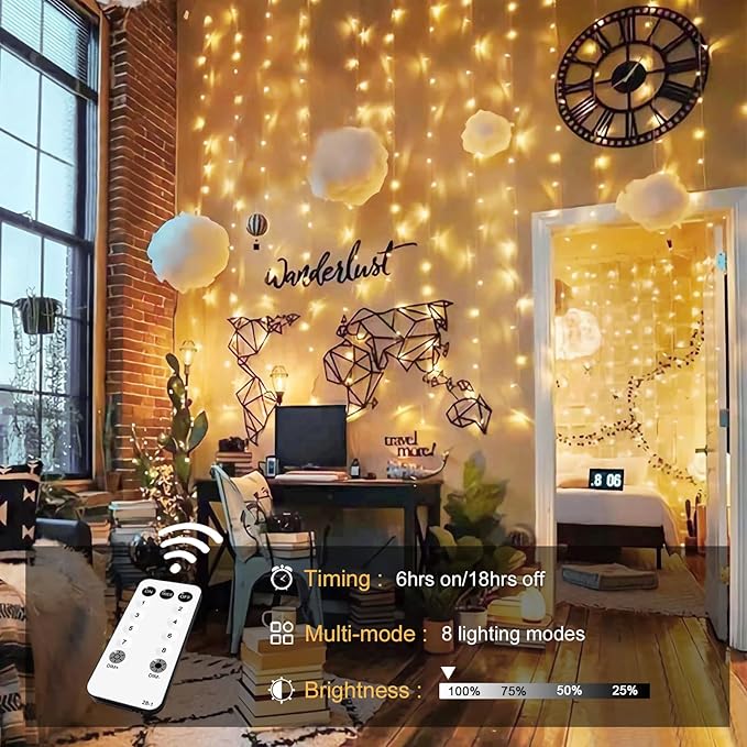 Curtain String Lights, 600 LED Warm White, 19.6 ft with Remote