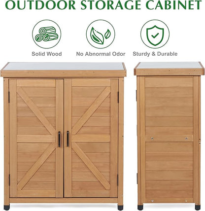 Outdoor Storage Cabinet & Potting Bench Table with Metal Top, Wooden Patio Furniture, Garden Workstation (Light Brwon, 36x31x17in)