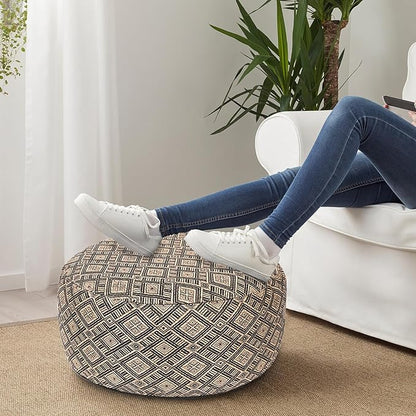 Woven Inflatable Ottoman D21”x H10” Outdoor Indoor Pouf Patio Footrest Stool with Portable Handle, Round Ottoman for Patio Garden, Camping, Bedroom, Living Room