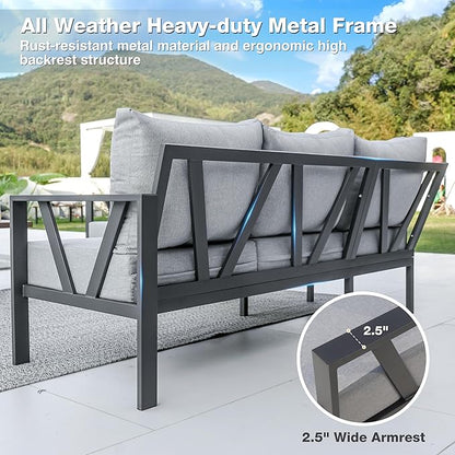 Outdoor Furniture Set, 6 Pieces Outdoor Couch Sectional, L Shaped Metal Patio Corner Sofa with 6” Thick Cushions, Patio Seating Conversation Set, Light Grey