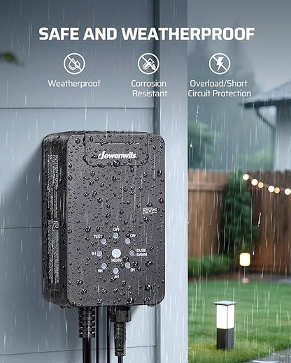 DEWENWILS 60W Low Voltage Landscape Transformer, 120V AC to 12V AC Outdoor Landscape Lighting, Dusk to Dawn Sensor & Timer, Weatherproof Low Voltage Transformer for Spotlights, Garden, Pathway