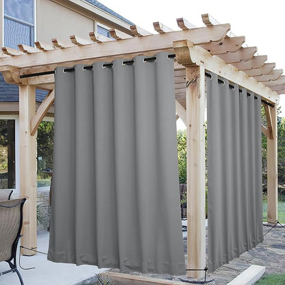 NICETOWN 2 Panels Outdoor Curtains for Patio Waterproof & Windproof, Grommet & Back Tab on Top & Bottom Weighted Drapes Keep Sun/Rain Out with Bouns Rope for Deck, Light Grey, W84 x L95