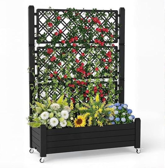 EasyUp Rolling Garden Planter Box with Trellis & Lockable Casters, Outdoor Raised Bed with Drainage & Water Gauge, Durable Resin for Patio, Balcony, Yard, Dust-Proof (Black, 43.43 * 18.27 * 64.29)