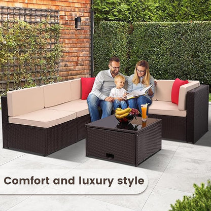 8-Piece Patio Furniture Set, Outdoor Wicker Rattan Sectional with Thick Cushions, Glass Top Table with Hidden Storage, Outdoor Conversation Set for Backyard, Porch, Patio, Beige