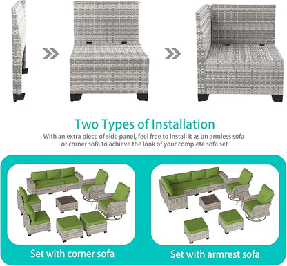 11-Piece Outdoor Patio Furniture Set with Rocking Swivel Chair Wicker Sectional Sofa Set, Patio Conversation Set with Ottomans & Coffee Table for Garden, Backyard, Avocado Green