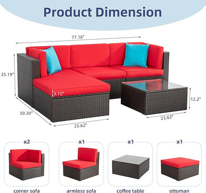 Vongrasig 5 Pieces Small Patio Furniture Sets, All-Weather Outdoor Sectional Patio Sofa Wicker Rattan Patio Seating Sofas with Cushion and Glass Table (Red)