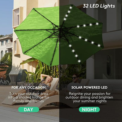 JEAREY 9FT Outdoor Patio Umbrella with Solar Lights, LED Lighted Pool Umbrella with Tilt and Crank, Outdoor Table Umbrellas for Deck, Yard & Market (Grass Green)