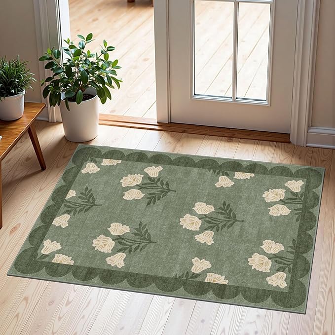 Outdoor Rugs Sage Green Floral Door Mat, 2 x 3 Ft Polyester