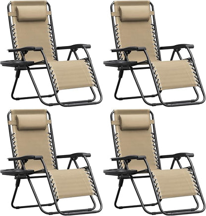 Homall Zero Gravity Chair Patio Folding Lawn Outdoor Lounge Gravity Camp Reclining Lounge Chair with Cup Holder Pillows for Poolside Backyard and Beach Set of 4 (Beige)