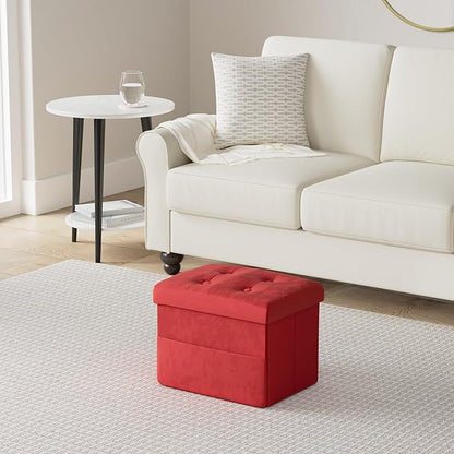 LINMAGCO Small Storage Ottoman Stool Foot Rest Stool Under Desk Stool Short Folding Ottoman Linen Cloth 17X13X13IN(Red)