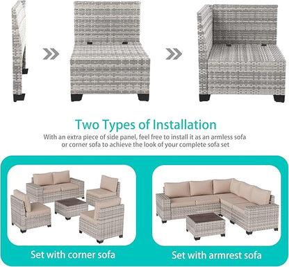 6-Piece Outdoor Patio Furniture Set Wicker Sectional Sofa Set, Patio Conversation Set with Thickened Cushions & Coffee Table for Garden, Backyard, Poolside, Beige