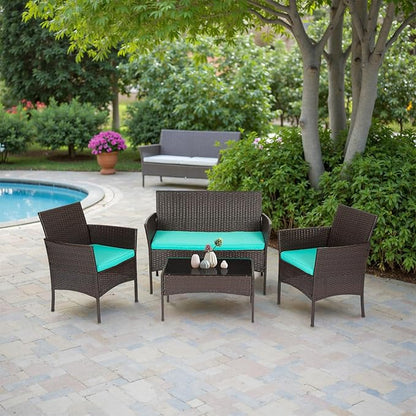 FDW | 4-Piece Patio Furniture Set | Brown & Blue | Outdoor Wicker Furniture with Coffee Table | Modern Rattan Chairs Conversation Set | Outdoor Seating | Weather-Resistant | for Porch, Garden, Lawn