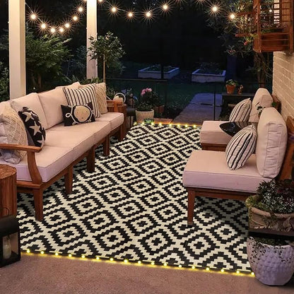 SAND MINE Reversible Mats with Led Strip Lights, Plastic Straw Rug, Modern Area Rug, Large Floor Mat for Outdoors, Patio, Backyard, Deck, Picnic, Camping, Black & Beige, 8' x 10'