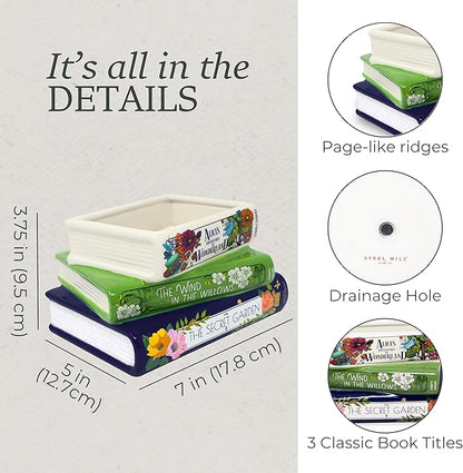 Steel Mill & Co Original Small Book-Shaped Decorative Planter, Ceramic Planter for Home Decor, Cute Bookshelf Accent, Unique Planter for Book Lovers, Alice/Wind in the Willows/Secret Garden