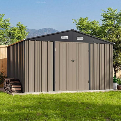 Patiowell 10 x 8 FT Outdoor Storage Shed with Floor Frame, Large Garden Tool Metal Shed with Sloping Roof and Double Lockable Door for Backyard Garden Patio Lawn,Brown