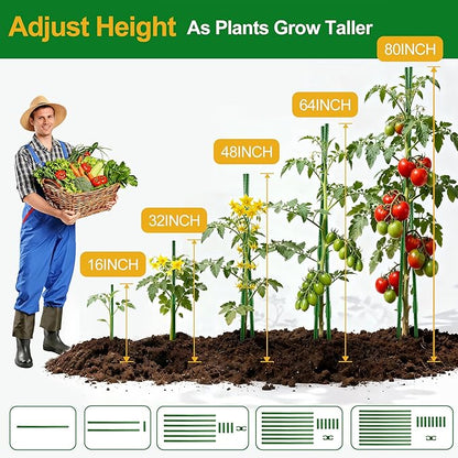 WAENLIR 16 Inch 24 Pack Extendable Garden Stakes Kit, DIY 4ft 5ft 6ft 7ft 8ft Plant Support Stakes with Connectors and Clips, Plastic Coated Metal Sticks for Tomato Indoor Outdoor