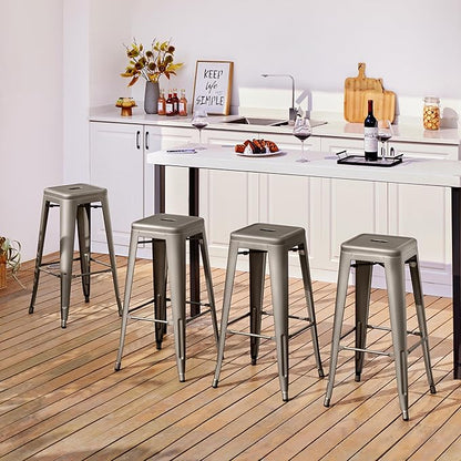 Yaheetech 30 Inch Metal Bar Stools Set of 4, Bar Height Backless Bartools, Industrial Stackable Bar Chairs with Footrest for Kitchen/Dining Room/Bistro/Patio, Gun Metal