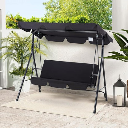 AECOJOY Porch Swing with Stand, Outdoor Swings for Adults, 3-Seat Outdoor Swing with Canopy, Outside Swing Bench with Removable Cushion, Suitable for Backyard, Garden, Yard, Poolside, Balcony (Black)