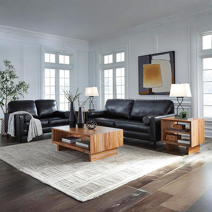 Signature Design by Ashley Bryceview Contemporary Leather Match Tufted Sofa with 2 Bolster Pillows, Black