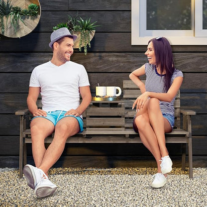 Tangkula Outdoor Fir Wood Bench with Foldable Middle Table, 2-3 Person Garden Bench with Backrest and Armrests, 710 lbs Weight Capacity, Slatted Seat Bench for Porch, Patio, Backyard