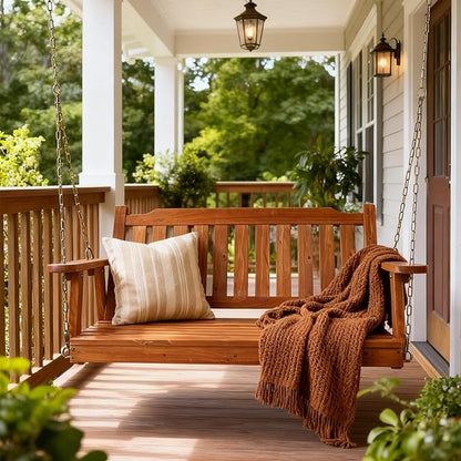 Wooden Porch Swing 2-Seater, Bench Swing with Hanging Chains, Heavy Duty 800 LBS, for Outdoor Patio Garden Yard, 4 Ft, Brown