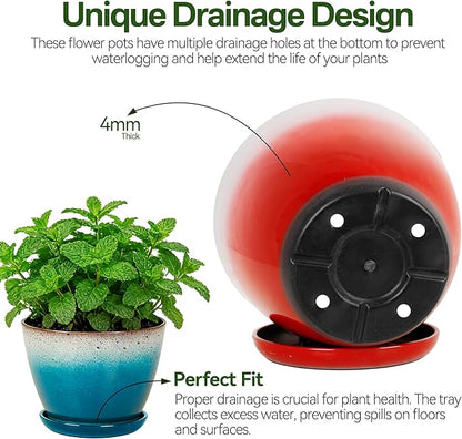 Worth Garden Plastic Round 8" Plant Pots - Set of 6 Multicolor Small Gloss Flower Pot Planters with Drainage Hole and Saucer - Home Decorative Christmas Containers