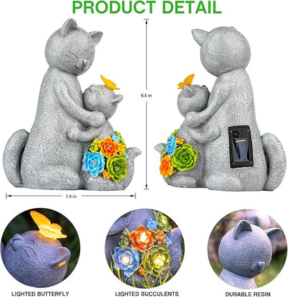 Solar Garden Statues Loving Cat Figurine Lights for Outside, Yard Decorations Outdoor, Garden Decor Unique Mothers Day Birthday Housewarming Gifts for Mom, Women, Lover