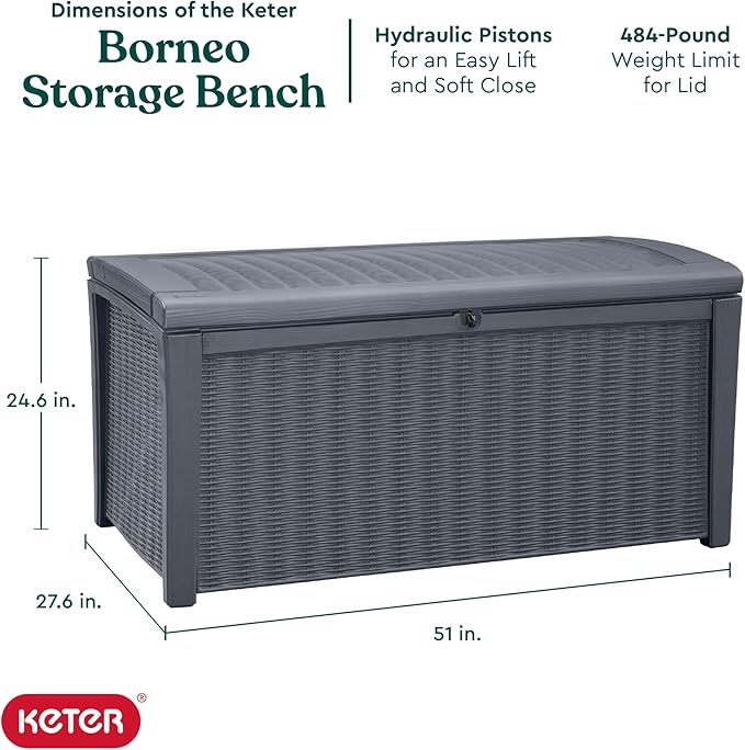 Outdoor Storage Bench, Gray Resin Deck Box with Soft-Close Lid