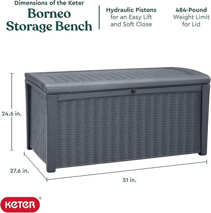 Outdoor Storage Bench, Gray Resin Deck Box with Soft-Close Lid