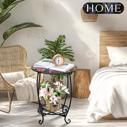 Outdoor Side Table Round Small Mosaic Patio Accent Indoor End Plant Coffee Tea Table for Yard Patio Porch Garden Living Room, Bedroom(Hummingbird Style,18 Inch)