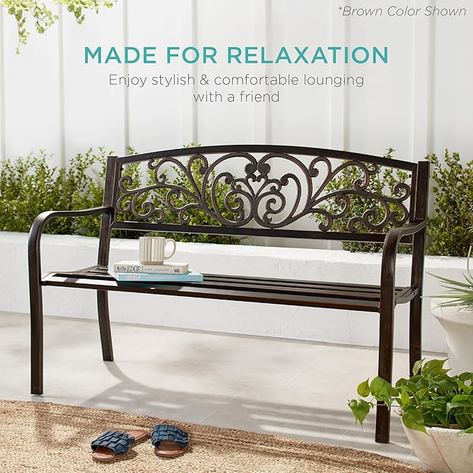 Best Choice Products Outdoor Bench Steel Garden Patio Porch Furniture for Lawn, Park, Deck w/Floral Design Backrest, Slatted Seat - Red