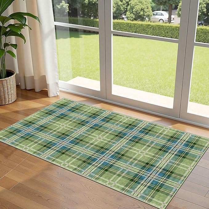 Outdoor Rug Tartan Door Mat in Green, 2 x 4 ft 3 in