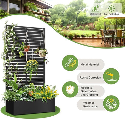 FENCY Metal Raised Garden Bed with Trellis, Metal Planter Box with Trellis, Garden Box for Climbing Plants Vegetable, 35" Lx16 Wx71 H Garden Bed with Drainage Holes(Black-Louvered)