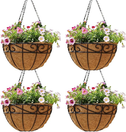 4 Pack 14 Inch Hanging Baskets for Plants Outdoor Metal Hanging Planter Hanging Flower Baskets with Coco Fiber Liners Chain Round Wire Plant Holder Hangings Flower Pots(Plaid)