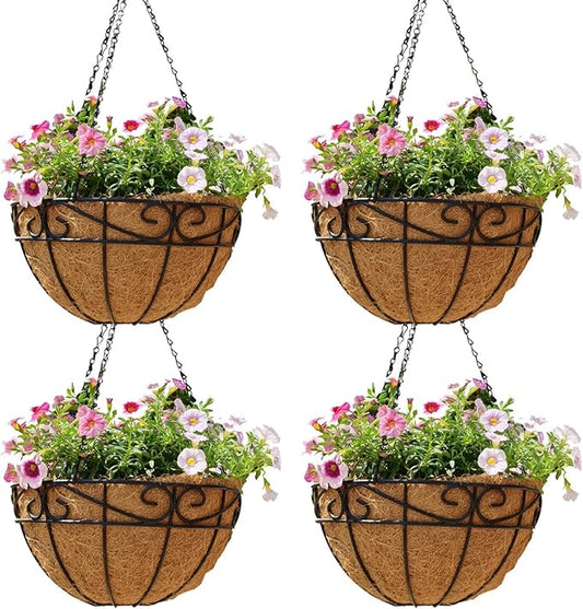 4 Pack 14 Inch Hanging Baskets for Plants Outdoor Metal Hanging Planter Hanging Flower Baskets with Coco Fiber Liners Chain Round Wire Plant Holder Hangings Flower Pots(Plaid)