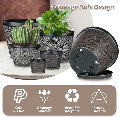 Quarut 10 Inch Flower Pots for Outdoor Indoor, 3 Pack Plastic Plant Pots with Drainage Hole & Tray, Modern Decorative Garden Pot with Saucer, planters for House (Brown)