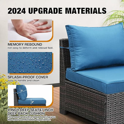 9 Pieces Patio Furniture Set All-Weather Outdoor Wicker Sectional Conversation Sofa Rattan Patio Seating Sofa with Cushion and Glass Table for Porch Poolside,Peacock Blue