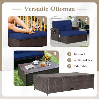 Tangkula Patio Rattan Daybed with 4-Level Adjustable Backrest, Outdoor PE Wicker Loveseat with Storage Ottoman & Folding Side Tray, Double Sunbed Lounger for Balcony, Backyard & Poolside, Navy & Brown