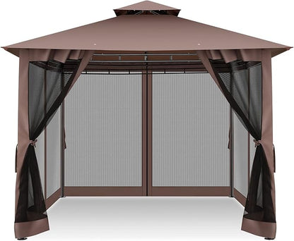 COBIZI Gazebo 10x10 Heavy Duty Gazebos with Improved Nettings Outdoor Gazebo Double Roof Patio Gazebos with Metal Steel Frame Outdoor Canopy for Patio, Deck, Backyard-Brown