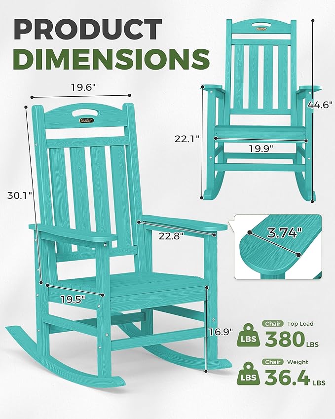 Rocking Chair for Outdoors, Lake Blue HDPE with 30-Inch High Back