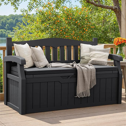 Greesum 80 Gallon Outdoor Storage Bench Deck Box with Cushion & Armrest, Lockable, Waterproof UV Resistant, Comfortable Seating for Patio, Pool, Garden, Black