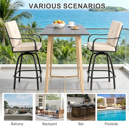 Patio Swivel Bar Stools Set of 2, Outdoor Bar Height Swivel Chairs with Cushions for Garden Balcony Backyard, Beige