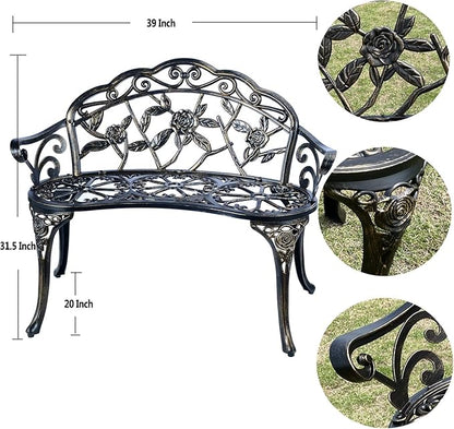 Mandolin Outdoor Park Garden Chair,All Chair Anti Rust Cast Aluminum Patio Yard Bench,Carved Rose Loveseat Bench for Backyard .Porch.Balcony.Lawn (Copper)